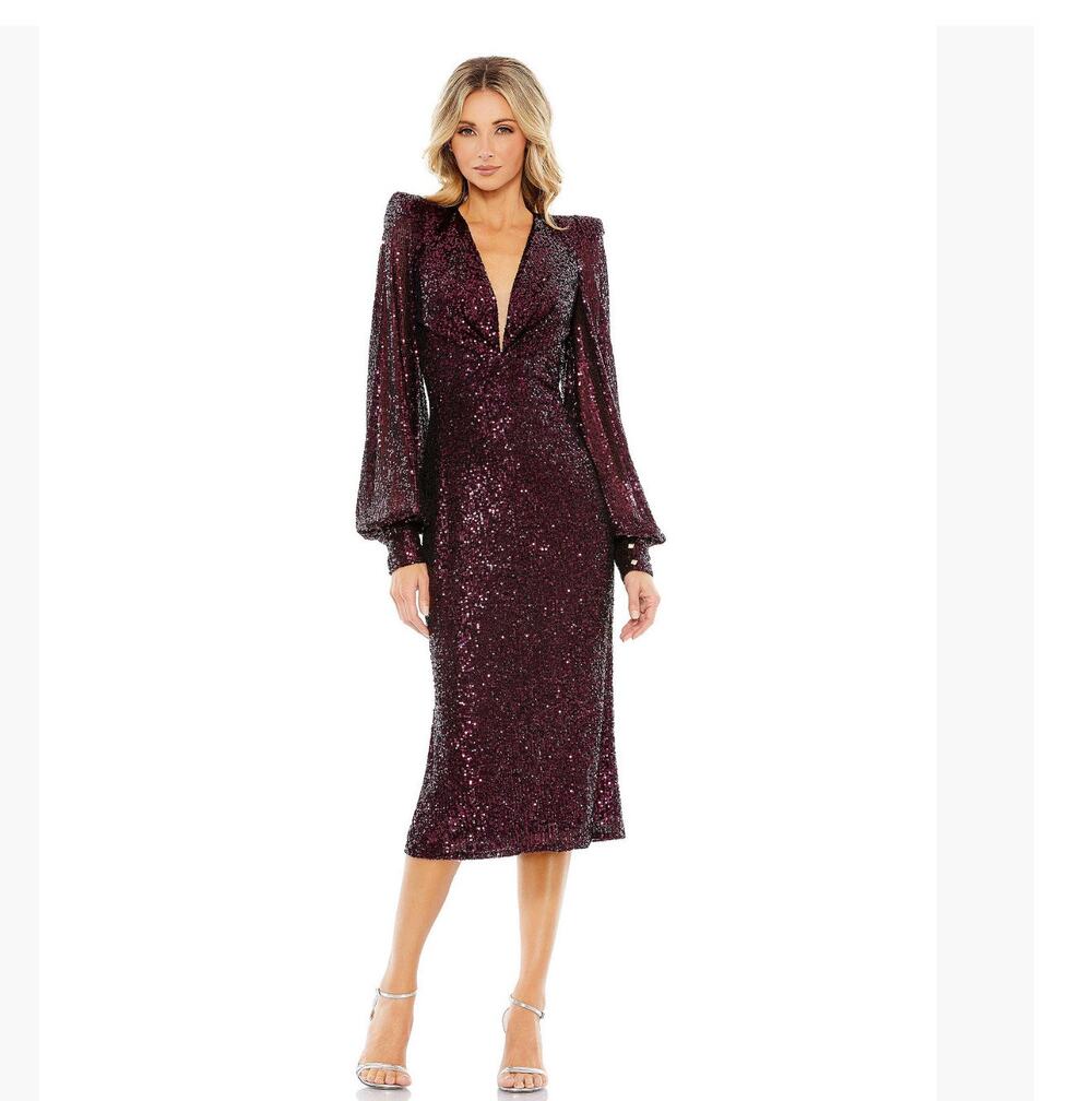 Mac Duggal 26866 Magenta Sequin Bishop Sleeve Midi Dress – Size 6 – NWT